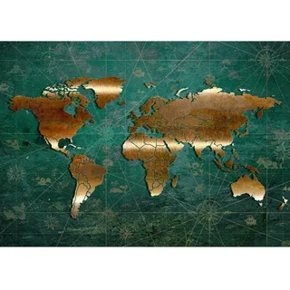 Runa Art Fototapete Weltkarte metallic Modern Vlies Wohnzimmer Schlafzimmer - Made in Germany - 308 x 220 cm Grün Gold 9031010b