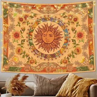Accnicc Wandteppich, Motiv: gelbe Sonne, Mond, Wandbehang mit Sonnenblumen, Schmetterling, Motte, Sternbild, ästhetischer Wandteppich für Schlafzimmer, Schlafsaal, Wohnzimmer, Orange, 203 x 152 cm