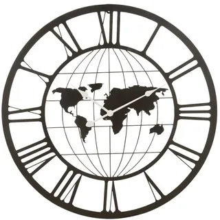 J-line Wanduhr Zeitreise Metall Wanduhr mit Römischen Ziffern und Weltkarte schwarz