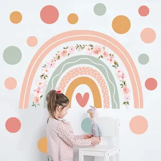 Regenbogen-wandtattoos, Wandaufkleber Im Boho-stil Mit Punkten, Rosa Blumen-wandtattoo Für Babyzimmer, Kinderzimmer, Wanddekoration Für Zuhause
