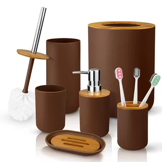 7-teiliges Badezimmer-Zubehör-Set aus Bambus und Kunststoff, inklusive Zahnbürstenbecher, Zahnbürstenhalter, Seifenspender, Seifenschale, WC-Bürste mit Halter, Mülleimer, mit 3 Zahnbürsten (braun)