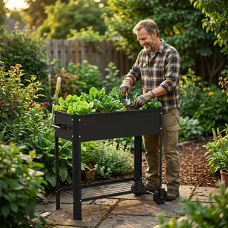UISEBRT Mobiles Hochbeet mit Rollen und Ablage,56L Blumenbeet aus Metall,Rostfrei & Wetterfest, 80x35x80cm Erhöhtes Frühbeet Kräuterbeet für Garten Balkon Terrasse,Schwarz