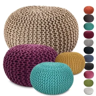 Amagohome Strickhocker XXL Pouf Ø55 H37cm Bodenkissen Sitzpouf Baumwolle nachhaltig : beige