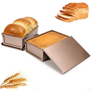Cozary 2 Stück Brotbackform mit Deckel, Antihaft Toastbrot Backform mit Deckel, Carbonstahl, Hitzebeständig bis 220°C, Brot Toastform für Brot, Kuchen & Gebäck, Gold