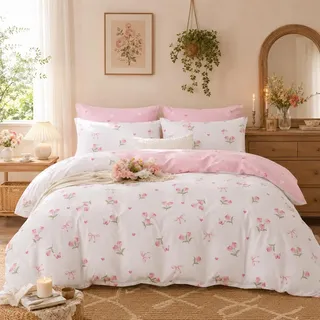 Lanqinglv Bettwäsche 135x200 Rosa Weiß Blumen Herzen Wende Bettwäsche Set Schmetterling Bettbezug mit Reißverschluss und 1 Kissenbezug 80x80,ÖkoTex Bettwäsche für Allergiker Geeignet