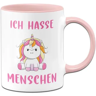 Tassenbrennerei Tasse Ich Hasse Menschen mit Einhorn Kaffeetasse mit Spruch lustig (Rosa)