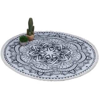 Relaxdays Teppich rund, Boho-Teppich im Mandala-Design, Ø 120 cm, Baumwollteppich mit Fransen, rutschfest, Creme/schwarz