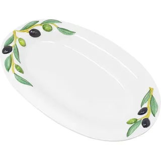 Lashuma Servierplatte oval aus italienischer Keramik mit Olivendekor, handgefertigter Servierteller 32 x 19 cm
