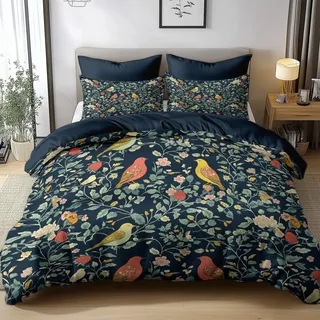 Generisch William Morris Vögel Erdbeeren 3D Reversibler Bettbezug 200x200cm Set 3 Teilig mit Reißverschluss Weiche Angenehme Microfaser mit 2 Kissenbezug 80x80cm