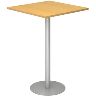 bümö Stehtisch Büro, Bistrotisch eckig 80 x 80 cm in Buche, Gestell: Silber - Bartisch, Stehtisch Holz-Platte, Säule aus Metall, Buffettisch,