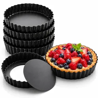 PRECORN Mini Tarteform Set 6 Stück, 10 cm Antihaft Tartelette Förmchen m. Hebeboden, Kohlenstoffstahl Backformen für Tartes & Pies inkl. Silikon...
