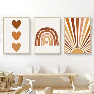 Herfair 3er Set Poster für Kinderzimmer Boho Deko Bilder Babyzimmer - Wandbilder Schlafzimmer Sonne Regenbogen Babyzimmer Wanddeko Mädchen Junge ohne Rahmen (B,50x70cm)