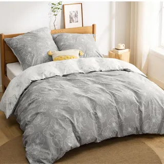 BEDSURE Bettwäsche 155x220 Baumwolle Bettbezug - Bettwäsche-Sets 155 x 220 cm 3teilig Grau mit 2 Kissenbezüge 80x80 cm, ÖKO-TEX Wendebettwäsche Bedding mit Reißverschluss Ginkgo Muster