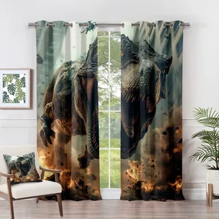 Generisch Vorhänge Dinosaurier - Tiere 3D T-Rex Dino Fenster Gardinen mit Ösen, Vorhang Blickdicht Verdunklungsvorhänge Thermovorhang für Wohnzimmer Schlafzimmer Deko 2er Set, H 166 x B 75 cm J#-82