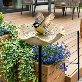 Vogeltränke Blume, Bienentränke Keramik mit Bodensteckdose - Bienentränke Gartenstecker & Insektentränke, Wasserschale und Vogelfutterstelle, Dekorative Keramikblüten Blumenstecker (F)