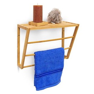 Relaxdays Handtuchhalter für Wandmontage, Handtuchständer, 3 Stangen, Ablage, Bambus, braun
