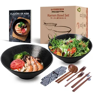 Keramik-Suppenschüssel-Set, 2×1450 ml Pottery Ramen Bowl, Große Japanische Nudelschalen mit Löffel und Stäbchen, Traditionelles Asiatisches Geschirr Set, für Udon, Pasta, Pho, Soba, Müsli & Salat