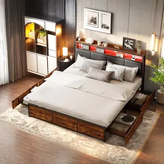 Polsterbett 180x200cm, Doppelbett mit 4 Schubladen, Stauraumbett Jugendbett mit Lattenrost und Led, Funktionsbett Massivholzbett, PU, Schwarz - Schwarz