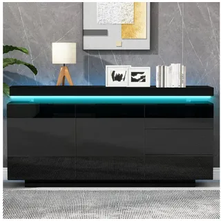 REDOM Sideboard Elegantes LED-Weiß-Hochglanz-Sideboard mit (Hochglanz mit LED inkl., Schubkastenkommode, Kommode aus Holz mit 4 Fächern und 3 Schubladen), Beistellschrank, Breite 140cm schwarz