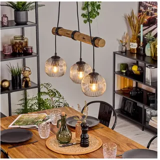 hofstein Pendelleuchte Hängelampe aus Metall/Holz/Riffelglas in Schwarz/Naturfarben/Klar, ohne Leuchtmittel, Hängeleuchte im Retro/Boho Design mit Glasschirmen und Holzbalken, E27 beige