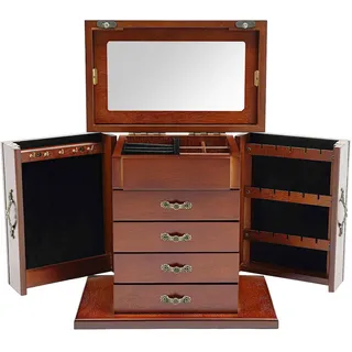 Schmuckkasten Groß 5 Etagen Schmuckkästchen aus Holz Vintage Braun Schmuckschatulle mit Spiegel