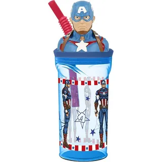 Tataway in viaggio si cresce Marvel Avengers Captain America 360 ml blauer Kunststoffbecher für Kinder mit Strohhalm und 3D-Figur