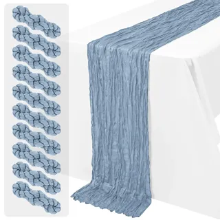 LYAFS Staubiges Blau Käsetuch Tischläufer 10 Stück 45x275cm Boho Gaze Deko | Gaze Stoff, plissierte Textur, waschbar, geeignet runde/rechteckige Tische, Hochzeit, Brautparty, Tischdekoration