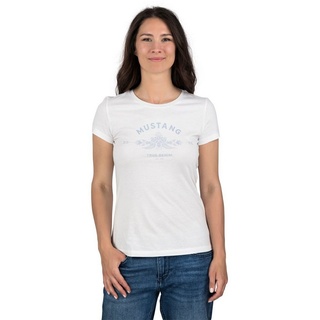 MUSTANG T-Shirt Damen Logo Printshirt Alexia C Logo Slim Fit (1-tlg) Basic Kurzarm Tee Shirt mit Rundhalsausschnitt aus 100% Baumwolle weiß XXL