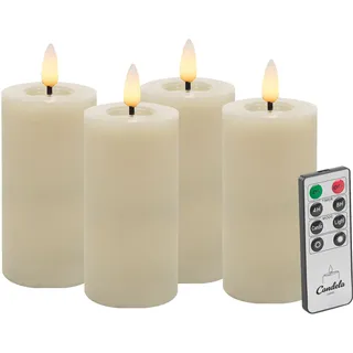Candela LED Kerzen 4er Set H:10xØ5cm Winter creme glatt Echtwachs mit Fernbedienung Timer Funktion & mehrstufig dimmbar flammenlos Echtwachskerzen Stumpenkerze