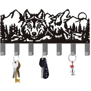ORIGACH Wolf Schlüsselhalter für Wand Schlüsselhaken mit 7 Haken Wolfs Wand montiert schwarz Metall Schlüsselanhänger Wanddekor für Haustür Küche Eingang Flur