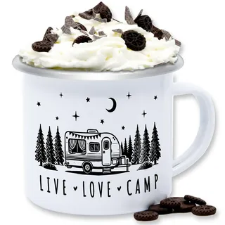 Emaille Tasse Blechtasse - Camping Tassen - Live, Love, Camp - Roadtrip Van life Accessoires - 300 ml - Weiß Silber - camper campingfans für motiv geschenke motive mit
