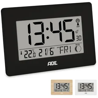 ADE Funktischuhr Digital,Tischuhr & Wanduhr mit XXL-Display, Thermometer Funkuhr mit Datum, Wochentag & Mondphasen, inkl. 2 AA Batterien schwarz