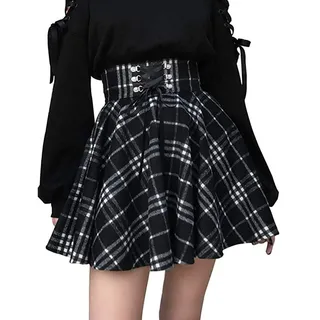 ORANDESIGNE Damen Kariert Kilt-Rock Faltenröcke Tartan Minirock Hohe Taille Kurz Skirt Skater Rock Informell Mini Glocken Rock A Schwarz X-Small - XS