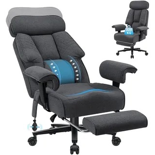 Xxl Bürostuhl Bis 227kg Ergonomischer Drehstuhl, Großer & Hoher Chefsessel, Mit Breitem Sitz, Verstellbarer Lendenstütze Grau