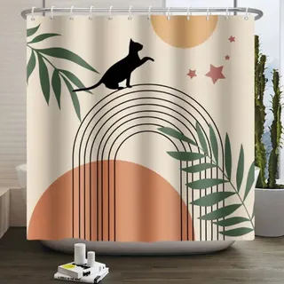 Ahlsen Boho Duschvorhang 180x180, Mid-century Abstraktes Design Mit Schwarzer Katze, Grünen Blättern, Schleife, Sonne Und Mond, Beige, Moderner Minimalistischer Geometrischer Ästhetik-badezimmervorhan