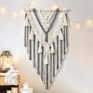 Dremisland Boho-makramee-wandteppich mit Geometrischem Muster, Gewebt, Beige und Grau, Baumwolle, Handgefertigt Mit Quasten, für Schlafzimmer, Wohnzimmer, Kinderzimmer