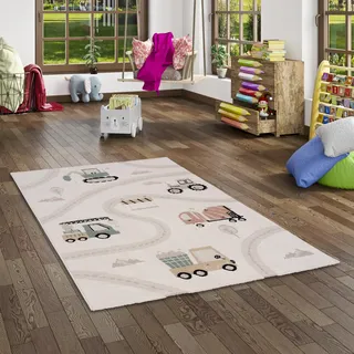 Pergamon Happy Kids Kinder Baustelle Bunt Creme - Weich, Strapazierfähig & Schadstoffgeprüft - Hoch-Tief-Struktur, 100% Polypropylen, Pflegeleicht, rutschfest - Perfekt für Kinderzimmer