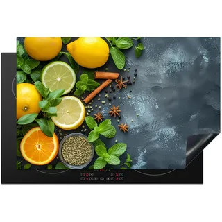 KitchenYeah© Herdabdeckplatte 81x52 cm Einteilig Küche Herdabdeckung Induktionsfeld Ceranfeld Herdabdeckplatten Vinyl Matte Aufrollbar Obst - Beton - Pflanzen - Zitrone - Zimt