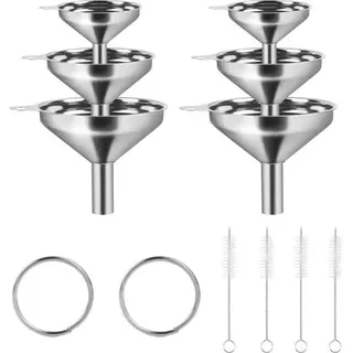 12-teiliges Edelstahl-küchentrichter-set: 6 Edelstahl-küchentrichter, 2 Ringe, 4 Reinigungsbürsten, Edelstahl-trichter-set, Metalltrichter Zum Umfüllen Von Flüssigkeiten, Gewürzen Und Marmeladen -
