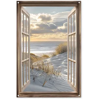 MuchoWow© Gartenposter 80x120 cm Outdoor Bilder Gartendeko für draußen Wetterfest Garten Zaun Deko Banner Draußen Bild Gartenzaun Fensterblick - Strand - Dünen - Meer - Natur