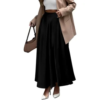 EMOTTOS Damen Silk Rock, Seidenrock Lang Satin Maxi Rock, Satin Rock Lang Wickel-Hüfte High Waist für Business Sommer Hohe Taille Midi Reißverschluss Rock A Linien Solide Farbe, Schwarz/Blau S-XL - XL
