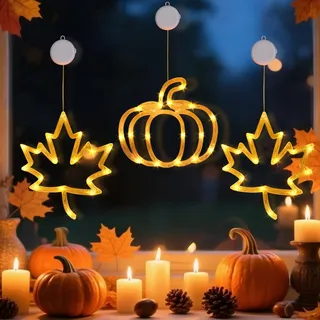 ACAREY Herbstdeko Fenster Lichter, Herbst Dekoration Kürbis Fenster Lichterkette Batterie, Herbst Deko Ahornblatt Fensterdeko mit Saugnäpfe Für Herbst Dekoration, Balkon, Party, Innen Deko (3 Stück)