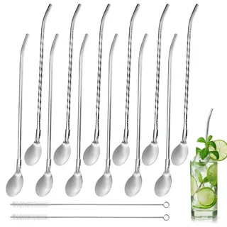 PXBSNB 12 Stück Trinkhalme Edelstahl mit Löffel, Edelstahl Strohhalm Wiederverwendbar, 2 In 1 Strohhalme Löffel mit 2 Reinigungsbürste, Metallstrohhalme für Smoothies Milchshakes Cocktail Kaffee