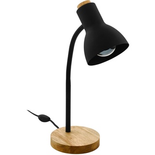 EGLO Tischlampe Veradal, 1 flammige Schreibtischlampe, skandinavisch, Tischleuchte aus Metall, Kunstsoff in Schwarz, Holz in Braun, Bürolampe, Lampe mit Schalter, E27 Fassung