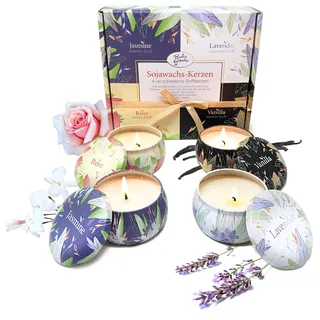 Robin Goods® 4X Sojawachskerze - Präsent-Set mit verschiedenen Duft-Kerzen - Aromatherapie - Wachs-Kerze - Geschenkset für Valentinstag, Muttertag und Geburtstag