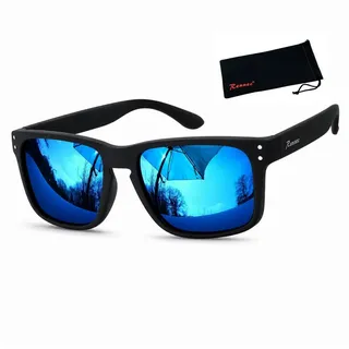 Rennec Sonnenbrille Herren Polarisiert Markenbrille mit Brillenbeutel Gläser Blau Verspiegelt Stabile Gelenke Markenschriftzug blau