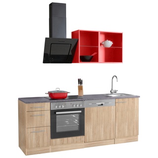 Küchenzeile OPTIFIT "Mini" Komplettküchen-Sets Gr. B/T: 210 cm x 60 cm, rot (küche: eichefarben, rot, anthrazit, korpus: arbeitsplatte: anthrazit) Küchenzeilen mit Elektrogeräte