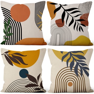 Aoihrraan 41x41cm 4er Set Dekorativ Boho Kissenbezug Abstrakt Sonne Mond Regenbogen Natur Landschaft Quadratische Sofakissen Dekokissen Leinen Wohnkultur Für Wohnzimmer Draussen Patio Garten Sofá