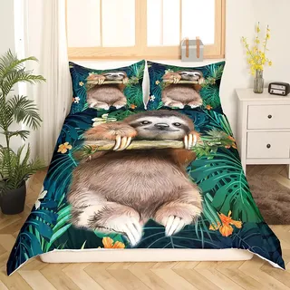 Loussiesd Faultier Bettwäsche Set 200x200cm Kinder niedlichem Tier Bettbezug Set für Jungen Mädchen Lustiges Faultier Bettwäsche-Set Natur Tropische Blätter Blumendruck Bettbezug Grün