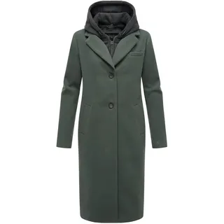 Navahoo Damen Mantel in Woll-Optik langer Trenchcoat leicht oversized mit (abnehmbarem) Kapuzen-Einsatz aus Sweat-Material Kekstraum 14 Stone Green Gr. M - M